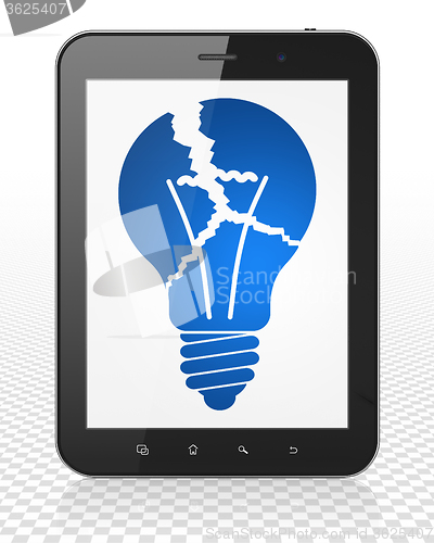Image of Finance concept: Tablet Pc Computer with Light Bulb on display