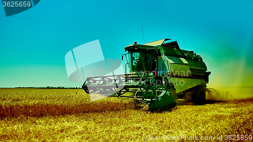 Image of Harvester combine harvesting wheat on summer day.