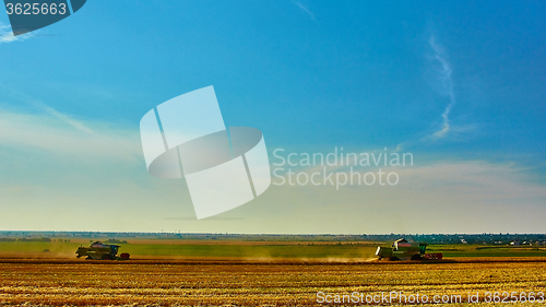 Image of Harvester combine harvesting wheat on summer day.