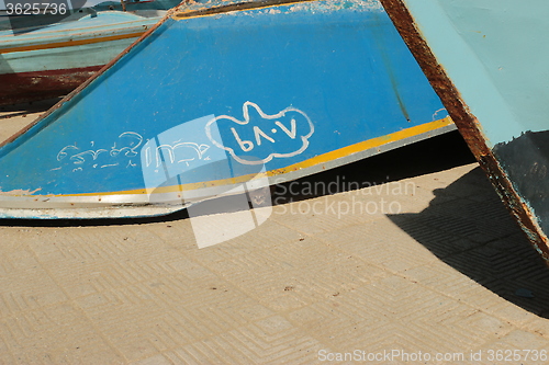 Image of Kitten hiding under Stored wooden boat on beach_5949