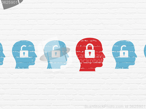 Image of Business concept: head with padlock icon on wall background