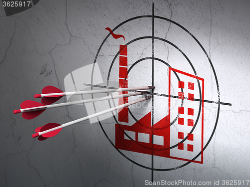 Image of Business concept: arrows in Industry Building target on wall background