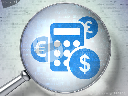 Image of Advertising concept: Calculator with optical glass on digital background