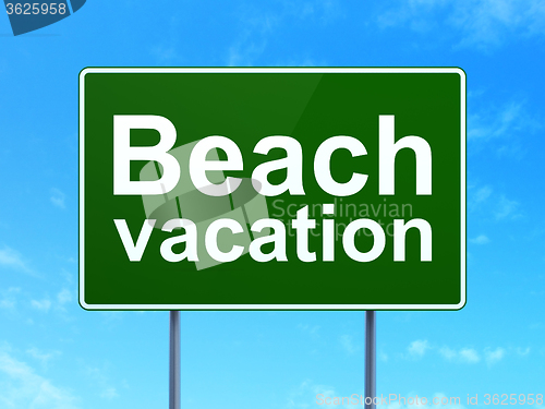 Image of Tourism concept: Beach Vacation on road sign background