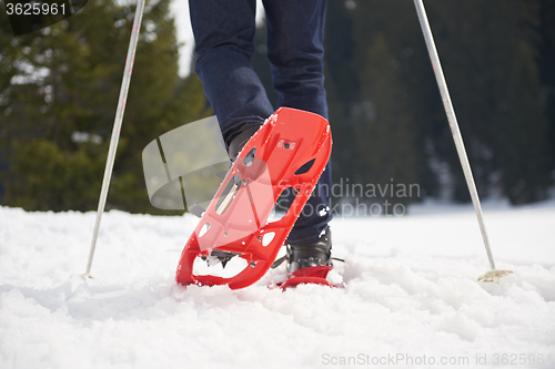 Image of couple having fun and walking in snow shoes