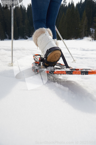 Image of couple having fun and walking in snow shoes