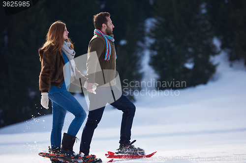 Image of couple having fun and walking in snow shoes