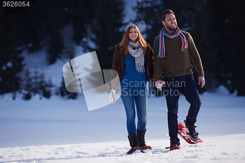 Image of couple having fun and walking in snow shoes