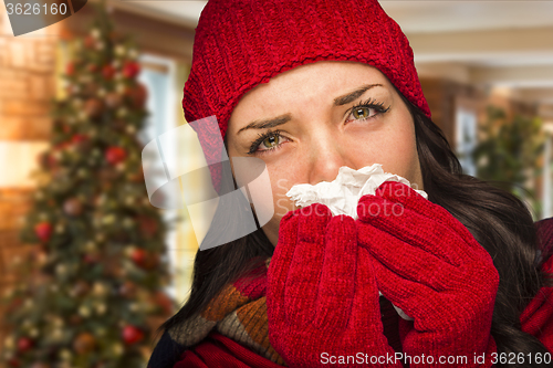 Image of Sick Woman Blowing Her Nose With Tissue In Christmas Setting