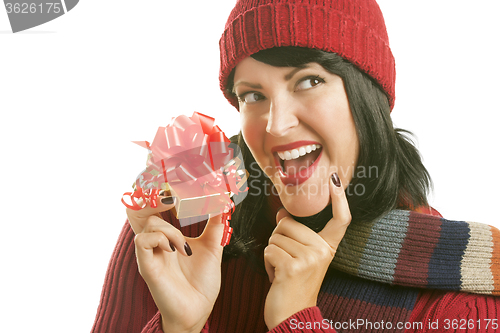 Image of Happy Woman Holding Christmas Gift on White
