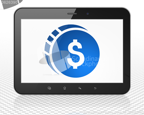 Image of Currency concept: Tablet Pc Computer with Dollar Coin on display