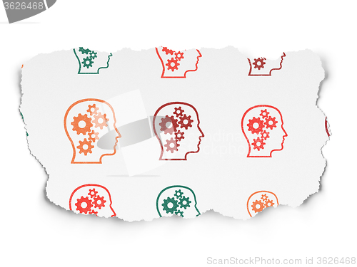 Image of Information concept: Head With Gears icons on Torn Paper background