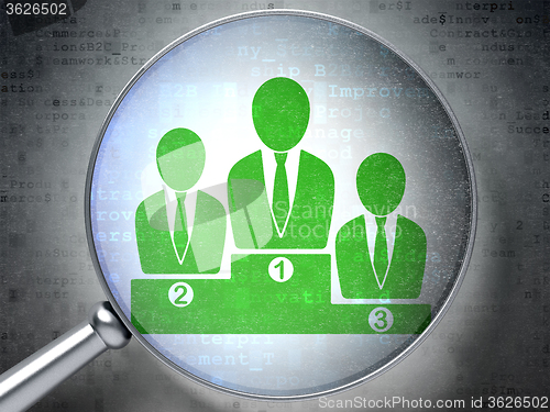 Image of Marketing concept: Business Team with optical glass on digital background