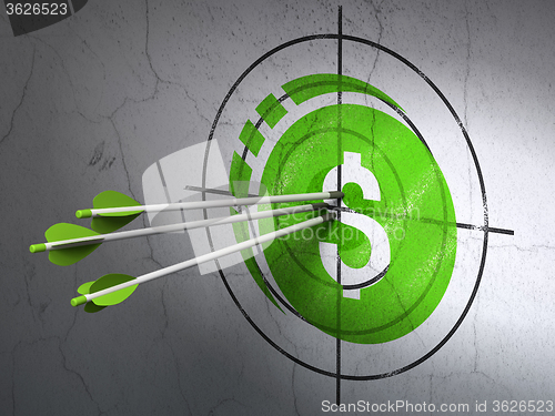 Image of Money concept: arrows in Dollar Coin target on wall background