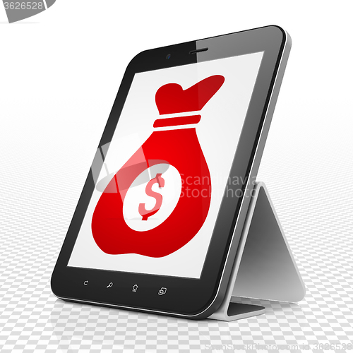 Image of Finance concept: Tablet Computer with Money Bag on display