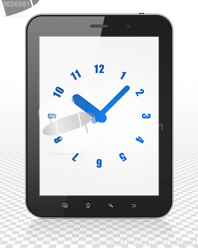 Image of Timeline concept: Tablet Pc Computer with Clock on display