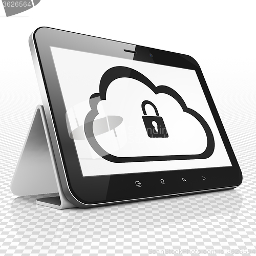 Image of Cloud computing concept: Tablet Computer with Cloud With Padlock on display