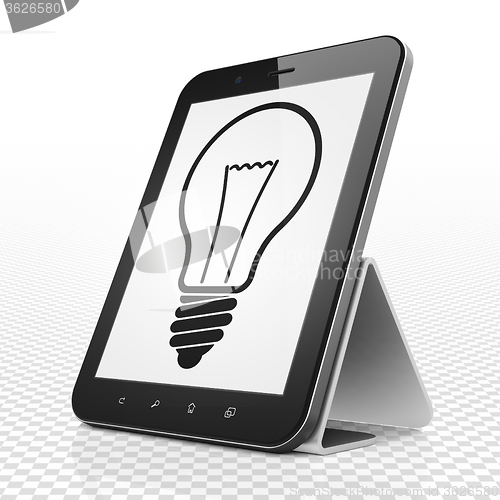 Image of Business concept: Tablet Computer with Light Bulb on display