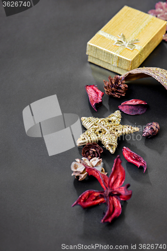 Image of Christmas decorations with golden box