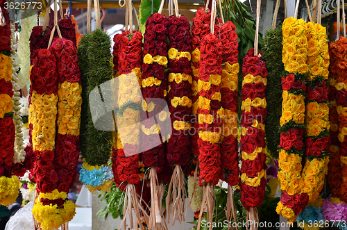 Image of Flower garlands and basket of flower used for hinduism religion
