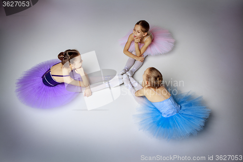 Image of Three little ballet girls sitting in tutu and posing together