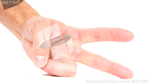 Image of Person showing two fingers isolated on white