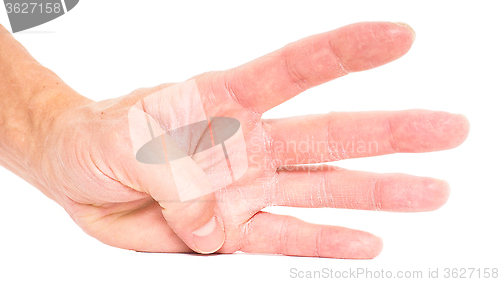 Image of Person showing four fingers isolated on white