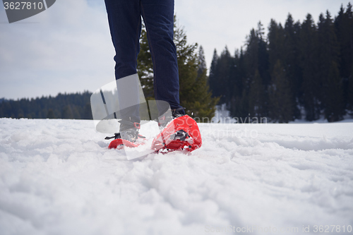 Image of couple having fun and walking in snow shoes