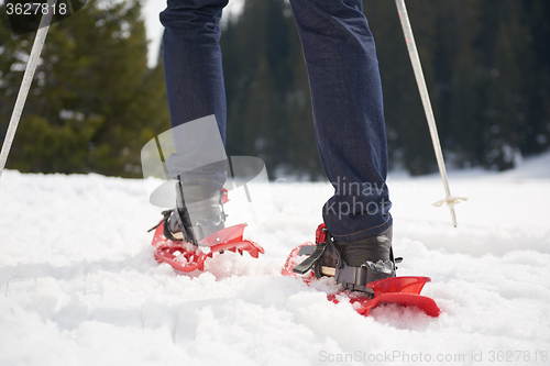 Image of couple having fun and walking in snow shoes