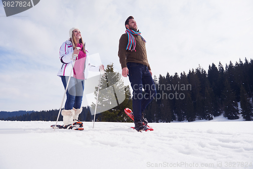 Image of couple having fun and walking in snow shoes