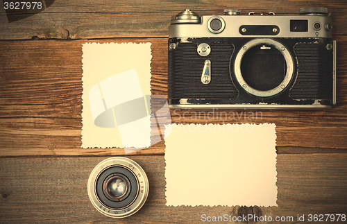 Image of two retro photo, vintage camera and lens