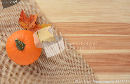 Image of Pumpkin and autumn leaves on burlap 