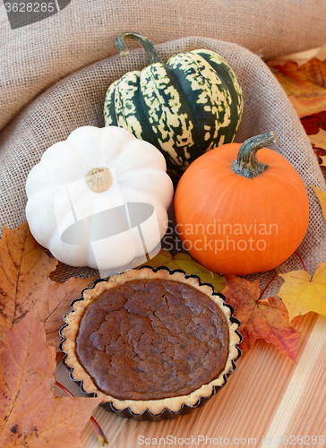 Image of Small pumpkin pie with leaves and gourds