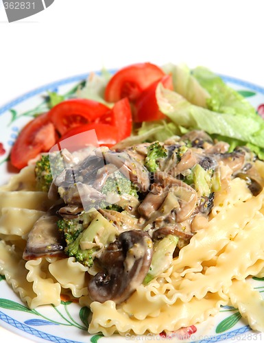 Image of Vegetarian mushroom cream sauce pasta salad meal