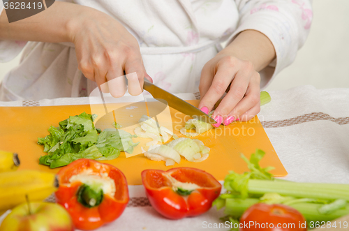 Image of Close up of a female hand cutting celery, lie around vegetables and fruits