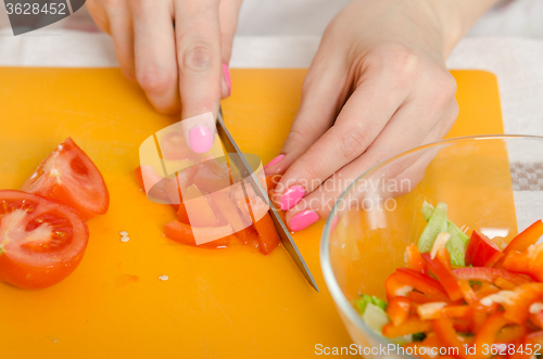 Image of Close up of a female hand cutting tomatoes for cooking vegetable salad