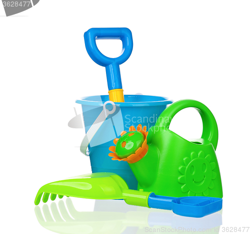 Image of Toy bucket, rake and spade