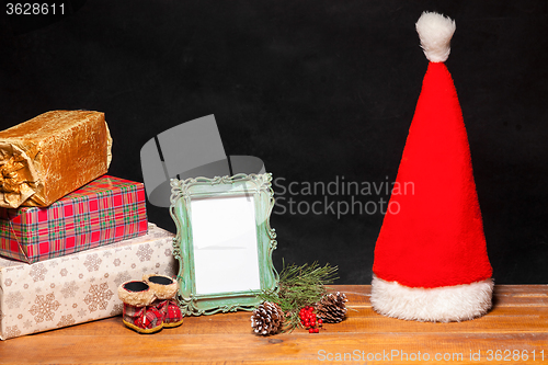 Image of The wooden table with Christmas decorations 