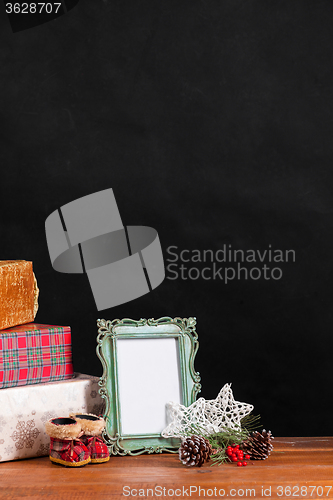 Image of The wooden table with Christmas decorations 