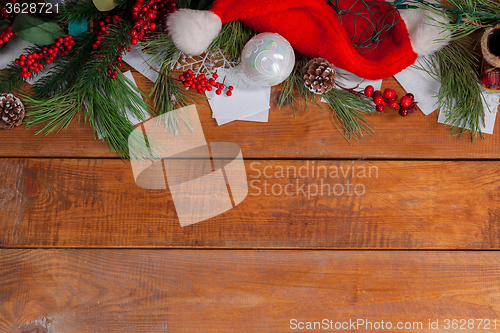 Image of The wooden table with Christmas decorations 