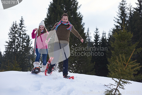 Image of couple having fun and walking in snow shoes