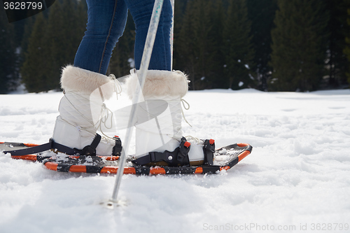 Image of couple having fun and walking in snow shoes