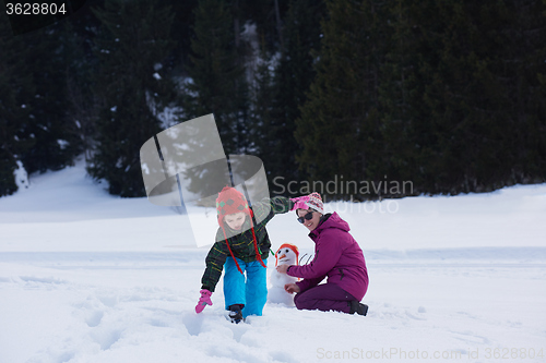 Image of happy family building snowman