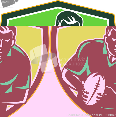 Image of Rugby Player Running Passing Ball Crest Retro