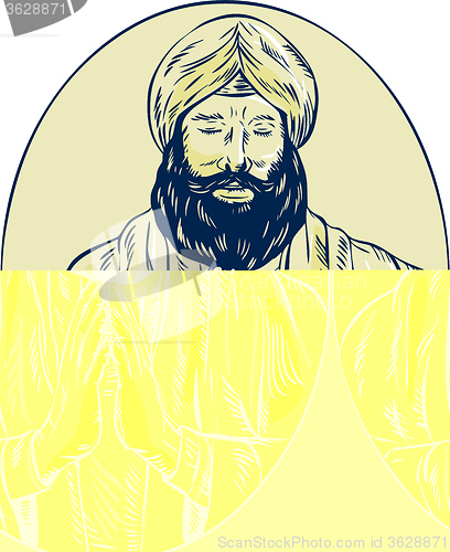 Image of Sikh Priest Praying Front Oval Etching