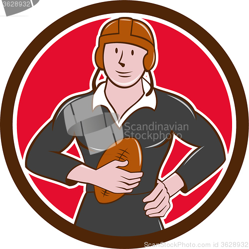 Image of Vintage NZ Rugby Player Hold Ball Circle Cartoon