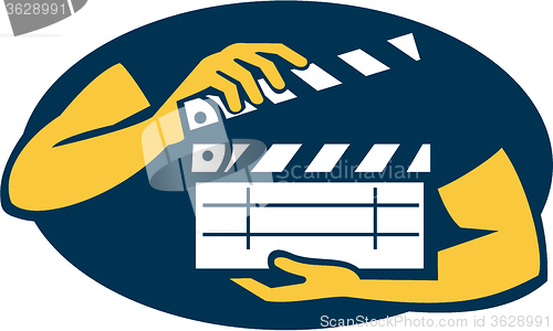 Image of Hand Holding Movie Clapboard Oval Retro