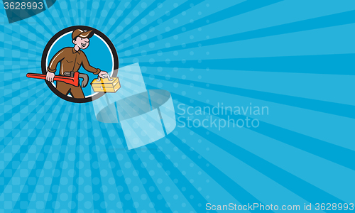 Image of Business card Plumber Carrying Monkey Wrench Toolbox Circle