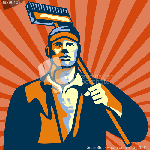 Image of Street Cleaner Holding Broom Front Retro