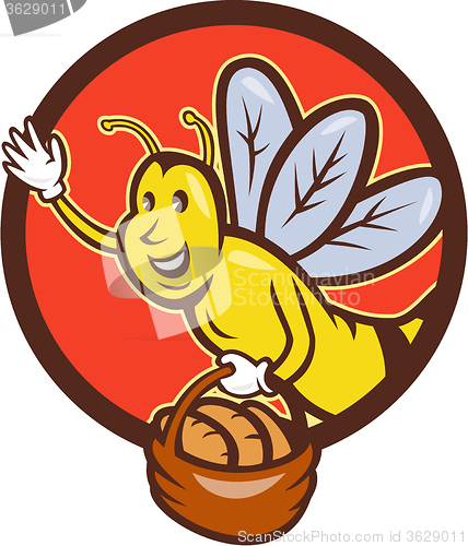 Image of Bee Carrying Basket With Bread Circle Cartoon